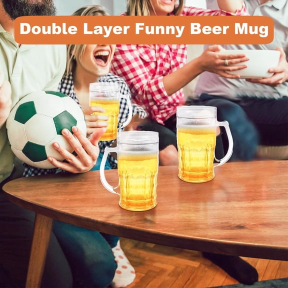 WEIWEIGG Double Wall Beer Mug, 400ml Funny Prank Drinking Cup, PS Plastic, Wide Comfortable Handle, for Parties, Gags, Home Bar, Insulated Design, Novelty Gift, Drinkware, 13.5 Oz Beer Glass