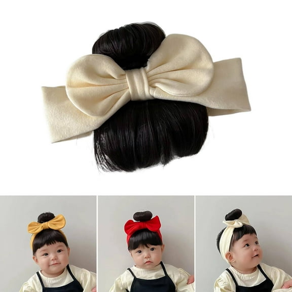 WEIWEIGG Girls Bowknot Hairband Wig, Realistic Synthetic Hair, Elastic Secure Fit, Pink Fashion Hairpiece, Comfortable Soft, Fashionable Hair Accessories, Beige, 1PCS