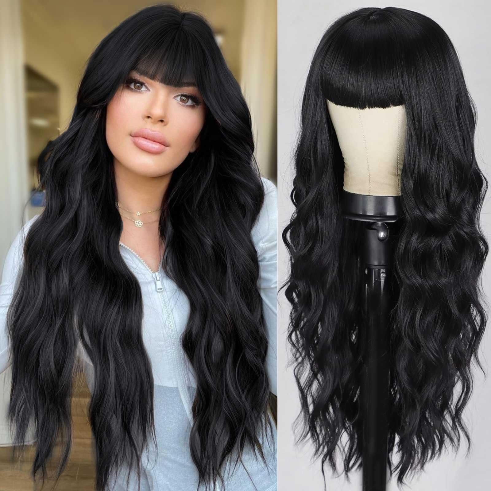 WEIWEIGG Gradient Black Long Wavy Curly Wig with Bangs - 26 Inch, Dark Roots Wig for Women, Heat Resistant Synthetic Hair, Breathable, Lightweight, Natural Looking Adjustable Cap for Daily Wear