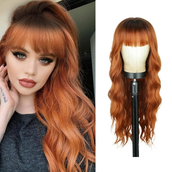 WEIWEIGG Gradient Coral Long Wavy Curly Wig with Bangs - 26 Inch, Dark Roots Wig for Women, Heat Resistant Synthetic Hair, Breathable, Lightweight, Natural Looking Adjustable Cap for Daily Wear