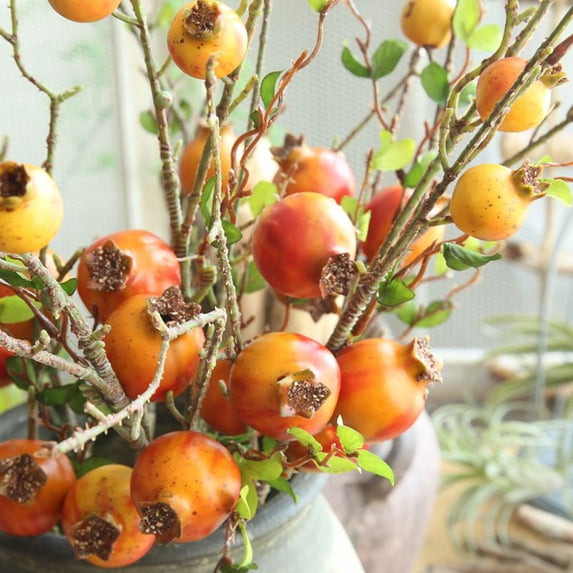 WEIWEIGG Red Berries Pomegranate Faux Plants Stem Fake Tree Branches with Fruits Leaves Artificial Flowers for Outdoors Home Decor Office Fall Wedding Engagement Party Decorations,Orange