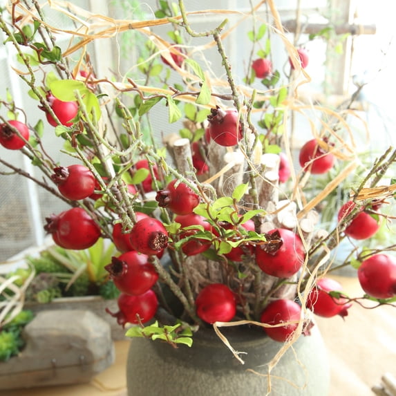 WEIWEIGG Red Berries Pomegranate Faux Plants Stem Fake Tree Branches with Fruits Leaves Artificial Flowers for Outdoors Home Decor Office Fall Wedding Engagement Party Decorations,Red