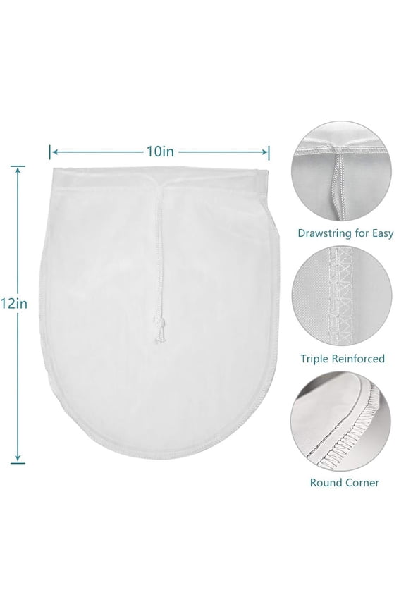 Reusable Nylon Nut Milk Bag 2-Pack, 12x10 Inch Mesh Strainer for Almond Milk, Cold Brew Coffee, Greek Yogurt, Tea, Juice - U-Shaped Bottom with Reinforced Edges, Kitchen Filter Bag