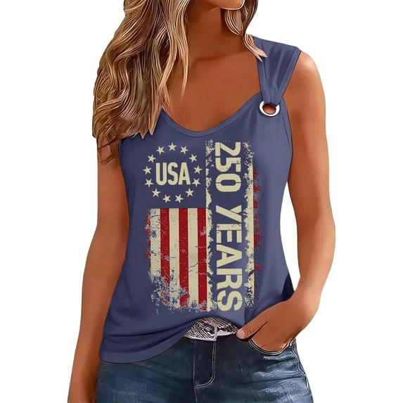 WEIWEN 250 Anniversary USA Shirt Women Sleeveless 4th of July Shirts Womens America Flag Tshirt 250th Patriotic Tee Tops Navy, L