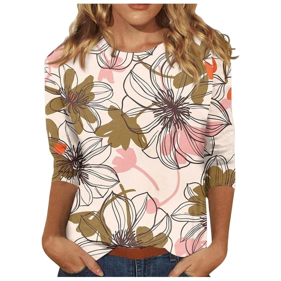 WEIWEN 3/4 Length Sleeve Womens Tops 2026 Trendy Round Neck T Shirts for Women Casual Three Quarter Sleeve Spring Tees Fashion Tshirts Coffee, L