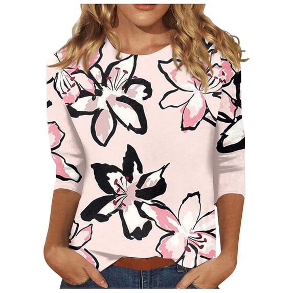 WEIWEN 3/4 Length Sleeve Womens Tops 2026 Trendy Round Neck T Shirts for Women Casual Three Quarter Sleeve Spring Tees Fashion Tshirts Pink, XXL