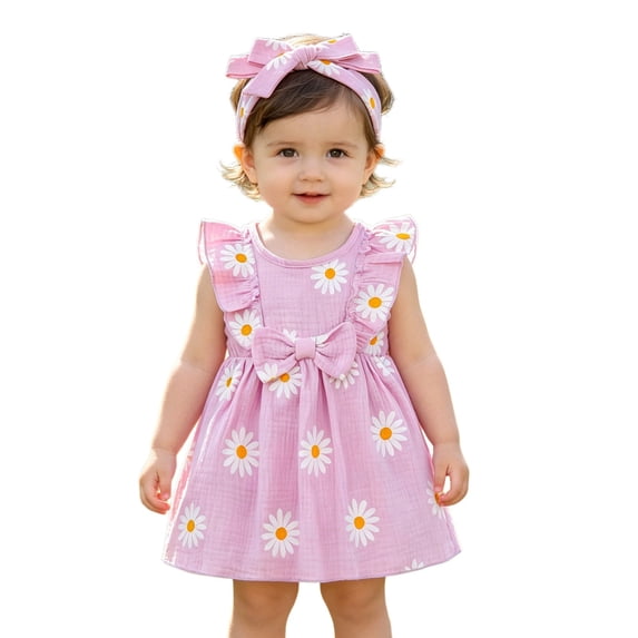 WEIWEN Baby Girl Clothes with Headband Toddler Girls Dresses Casual Summer Daisy Ruffle Sleeveless A-Line Sundress Party Dress Purple, 6-9 Months