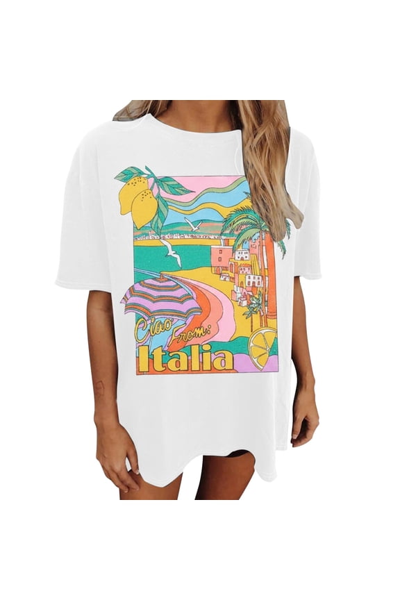 Boho Tops for Women Summer Ciao From Italia Graphic Tees Loose Fit Casual Amalfi Coast Italy Vintage Lemon Travel Souvenir Tshirts Women's Clothing White, M