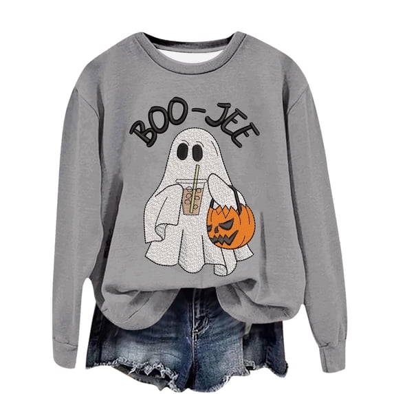 WEIWEN Boo Jee Halloween Sweatshirt for Women Cute Ghost Pumpkin Graphic Fall Outfits for Women Dressy Casual Long Sleeve Pullover Going Out Tops Womens Sweaters S