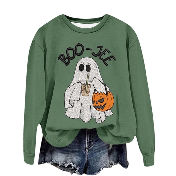 WEIWEN Boo Jee Halloween Sweatshirt for Women Cute Ghost Pumpkin Graphic Fall Outfits for Women Dressy Casual Long Sleeve Pullover Going Out Tops Womens Sweaters M