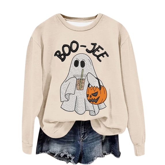 WEIWEN Boo Jee Halloween Sweatshirt for Women Cute Ghost Pumpkin Graphic Fall Outfits for Women Dressy Casual Long Sleeve Pullover Going Out Tops Womens Sweaters M