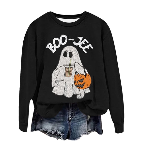 WEIWEN Boo Jee Halloween Sweatshirt for Women Cute Ghost Pumpkin Graphic Fall Outfits for Women Dressy Casual Long Sleeve Pullover Going Out Tops Womens Sweaters XL