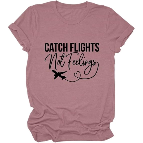 WEIWEN Catch Flights Not Feelings T Shirts for Women 2026 Trendy Funny Traveler Airplane Mode Graphic Tees Vacation Travel Tshirts Womens Summer Tops Pink, M