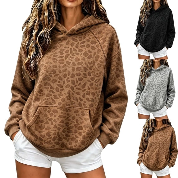 WEIWEN Cheetah Print Hoodie for Women Loose fit Long Sleeve Leopard Print Tops for Women Hooded Sweatshirt Womens Fall Outfits Fashion Clothing Coffee, L