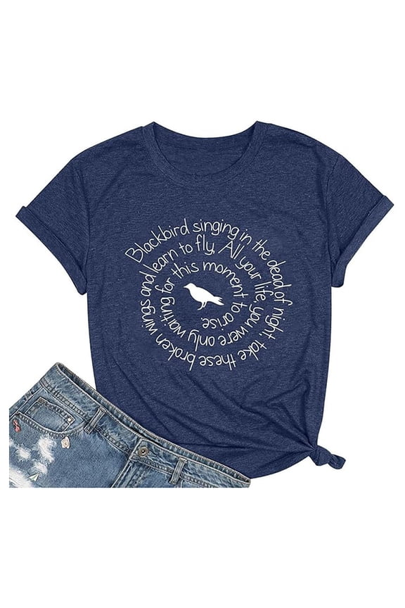 Country Music Tshirts Shirts for Women Blackbird Singing in The Dead of Night Tees Funny Beatles T Shirts Vintage Short Sleeve Tops Blue, M