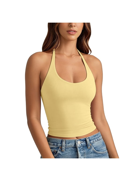 Cropped Tank Tops for Women 2026 Trendy Backless Scoop Neck Double Lined Basic Tees Women's Tie Halter Tops Summer Yoga Athletic Workout Shirts Yellow, S