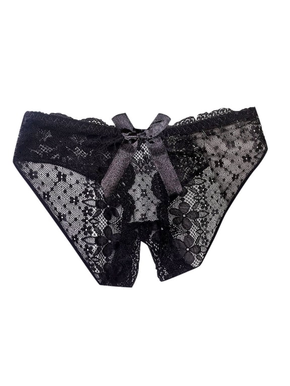 Crotchless Panties for Women Bowknot Lace Floral Embroidery High Cut See Through Exotic Cheeky Low Rise G String Hipster Briefs Womens Underwear Black, XL