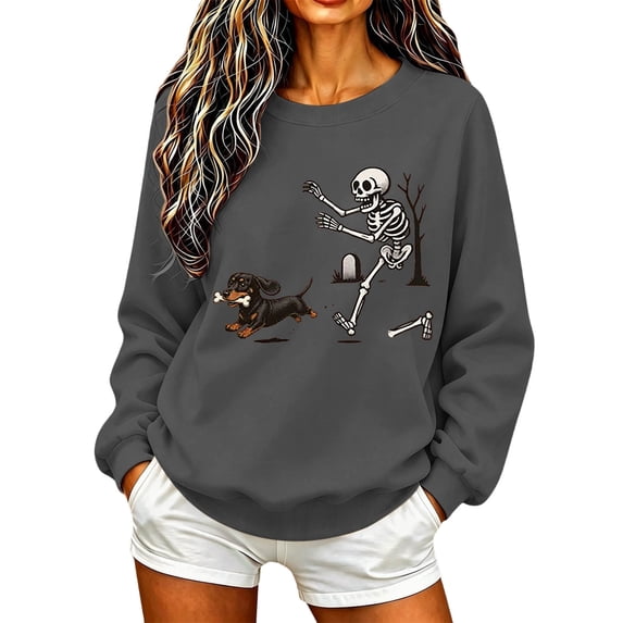 WEIWEN Dog Mama Sweatshirt for Women Funny Skeleton Chasing Dachshund Print Crewneck Long Sleeve Halloween Outfits for Women Going Out Tops Fall Sweaters Women's Clothing S