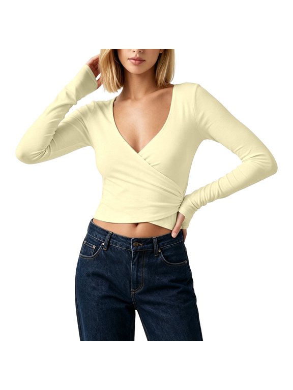 Fall Outfits for Women Slim Fit Deep V Neck Bandage Surplice Wrap Crop Athletic Workout Long Sleeve Shirts for Women Yoga Tops Women's Clothing Light Yellow, S