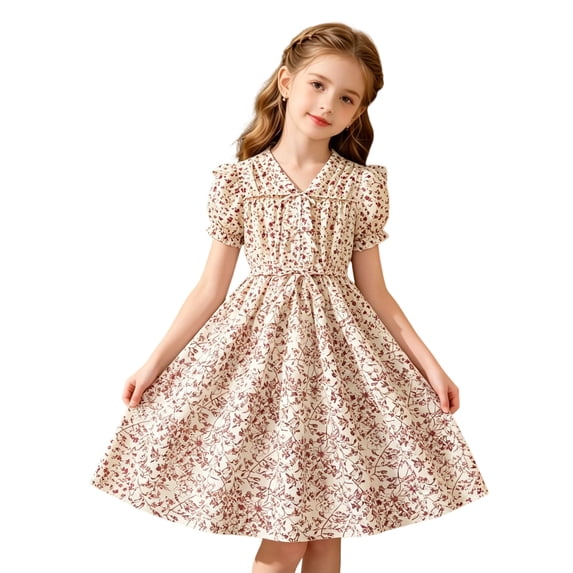 WEIWEN Flower Girl Dress Holiday Playwear Summer V Neck Puff Sleeve Floral Smocked Waist Party Flowy A Line Dresses Girls Clothes Beige, 8 Years