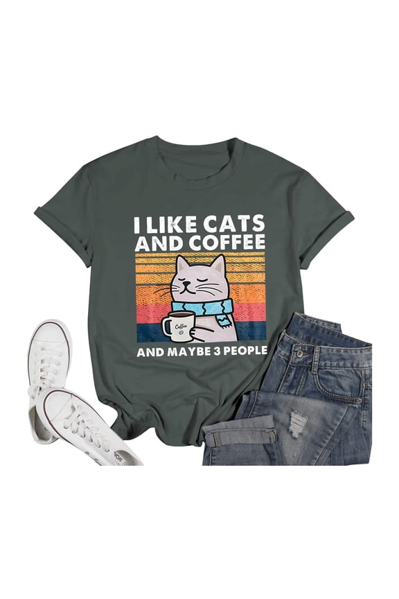 Funny Cat Lover Tops for Women Trendy Short Sleeve T Shirts I Like Cats and Coffee and Maybe 3 People Coffee Lover Gift Tees Army Green, S