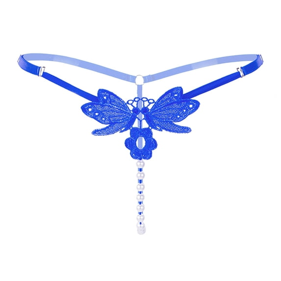 WEIWEN G String Thongs for Women Butterfly Embroidery Pearl Beads Thong Panties Low Waist Underwear Women T Back Hipster Briefs Blue, One Size