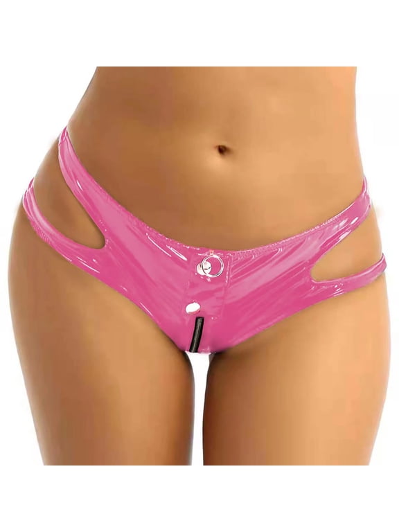 G String Thongs for Women Cool High Cut Gloss PVC Zipper Split Briefs Womens Underwear Pink, S