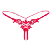 WEIWEN G String Thongs for Women Embroidery Pearl Beads Crotchless Panties Low Rise Seamless Underwear for Women T Back Hipster Briefs Red, M