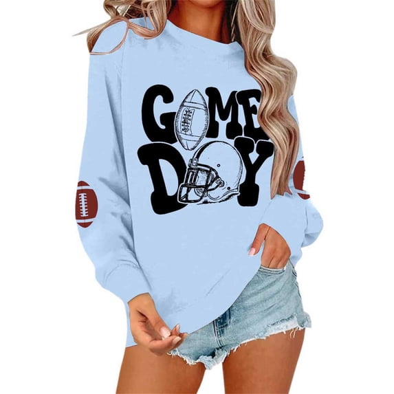 WEIWEN Game Day Sweatshirt Women Oversized Football Sweatshirts for Women Fall Sweaters Crewneck Long Sleeve Baseball Mama Shirt Women's Clothing Sky Blue, XL