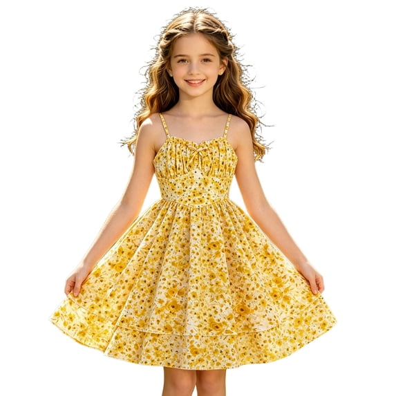 WEIWEN Girls Summer Dress Floral Graduation Dance Vacation Ruched Ruffled Layered Spaghetti Strap Mini Dresses 8-12Y Yellow, 9 Years