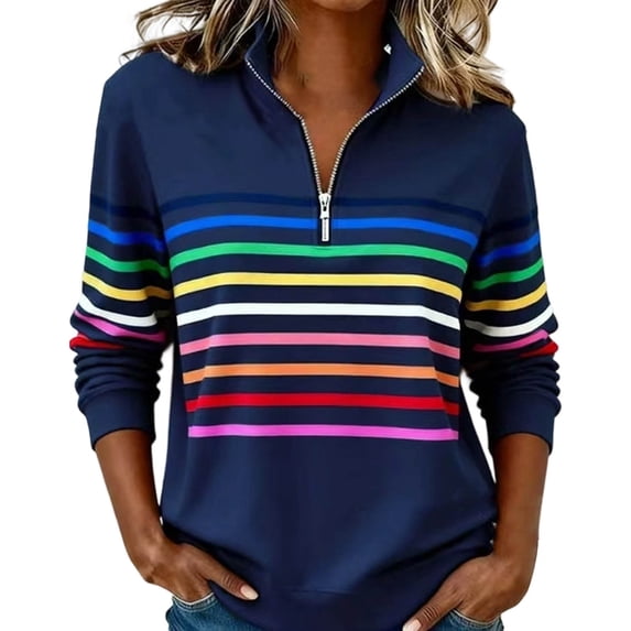 WEIWEN Half Zip Up Sweatshirt for Women Trendy 2026 Rainbow Striped Collared Long Sleeve Shirts for Women Dressy Casual Fall Outfits Women's Fashion Clothing Blue, S