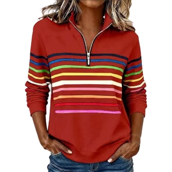 WEIWEN Half Zip Up Sweatshirt for Women Trendy 2026 Rainbow Striped Collared Long Sleeve Shirts for Women Dressy Casual Fall Outfits Women's Fashion Clothing Red, S
