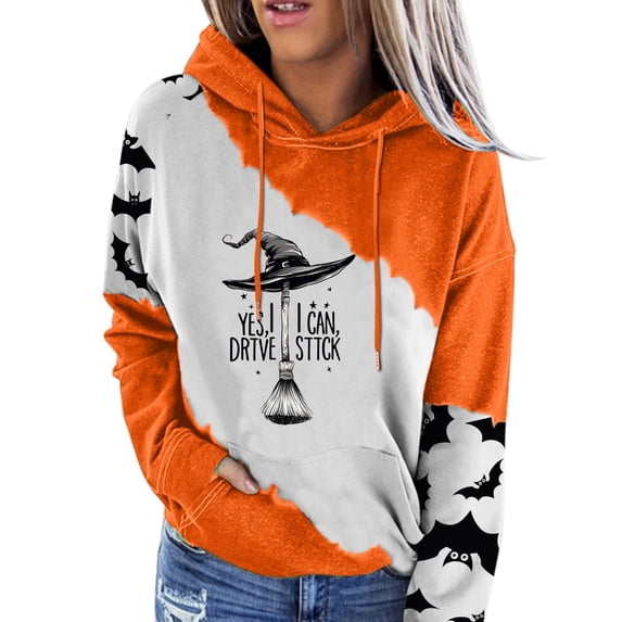 WEIWEN Halloween Hoodies for Women Funny Yes I Can Drive A Stick Witch Broom Print Halloween Sweatshirt for Women Color Block Hooded Pullover Tops Womens Fall Fashion Clothing White, XXL