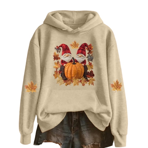 WEIWEN Halloween Hoodies for Women Lightweight Pumpkin Maple Leaf Graphic Halloween Sweatshirt for Women Thanksgiving Outfit Hooded Tops Womens Fall Fashion Clothing Beige, XL