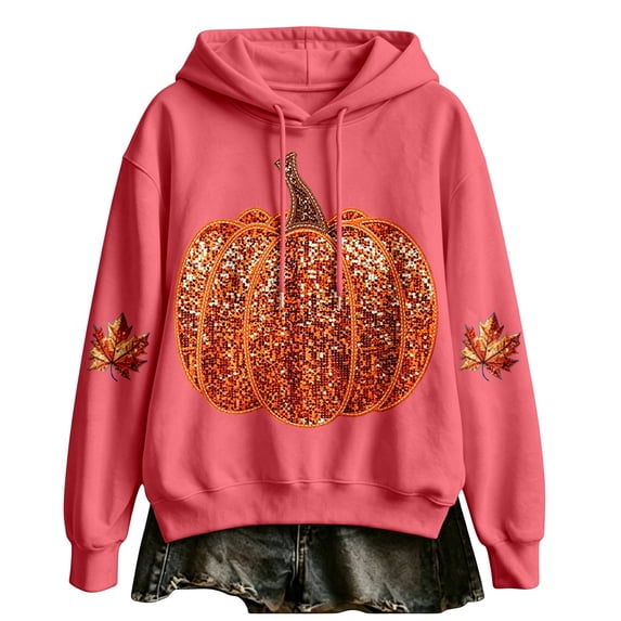 WEIWEN Halloween Hoodies for Women Trendy Sparkly Pumpkin Maple Leaf Graphic Long Sleeve Halloween Sweatshirt for Women Thanksgiving Outfit Hooded Tops Womens Fall Fashion Clothing Pink, S