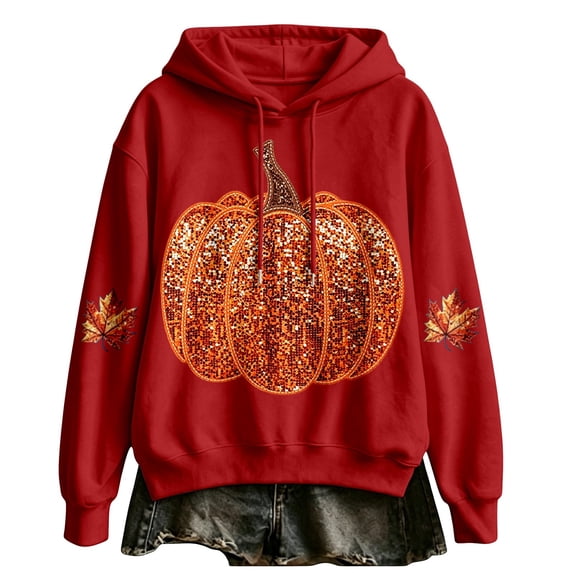 WEIWEN Halloween Hoodies for Women Trendy Sparkly Pumpkin Maple Leaf Graphic Long Sleeve Halloween Sweatshirt for Women Thanksgiving Outfit Hooded Tops Womens Fall Fashion Clothing Red, S