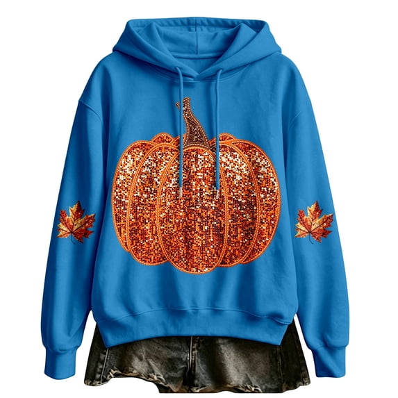WEIWEN Halloween Hoodies for Women Trendy Sparkly Pumpkin Maple Leaf Graphic Long Sleeve Halloween Sweatshirt for Women Thanksgiving Outfit Hooded Tops Womens Fall Fashion Clothing Sky Blue, L