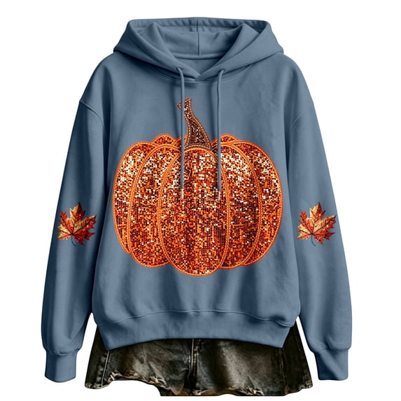 WEIWEN Halloween Hoodies for Women Trendy Sparkly Pumpkin Maple Leaf Graphic Long Sleeve Halloween Sweatshirt for Women Thanksgiving Outfit Hooded Tops Womens Fall Fashion Clothing Navy, XL