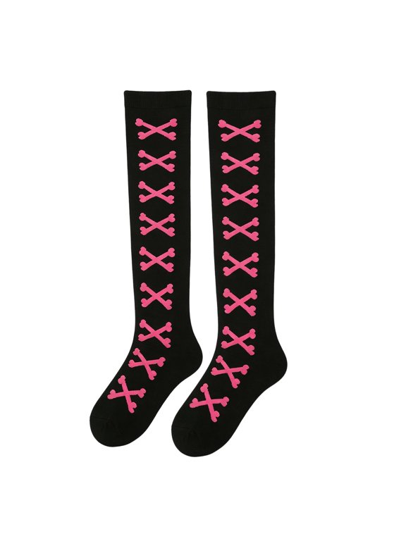 Halloween Knee High Socks for Women Gothic Bones Print Novelty Thigh Long Stockings 1 Pair #02-Black, One Size