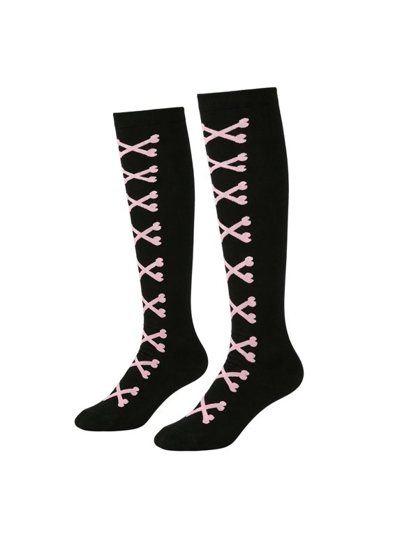 Halloween Knee High Socks for Women Gothic Bones Print Novelty Thigh Long Stockings 1 Pair #04-Black, One Size