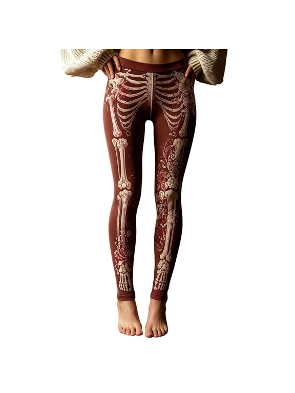 Halloween Leggings for Women High Waisted Vintage Stretchy Slim Skeleton Print Sports Workout Running Yoga Pants Womens Fall Outfits #W01-Brick Red, XL