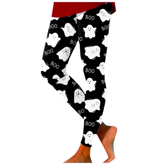WEIWEN Halloween Leggings for Women Funny Cute Ghost Graphic Tights Fall Winter Festival Stretchy Running Gym Workout Yoga Pants Black, XXL