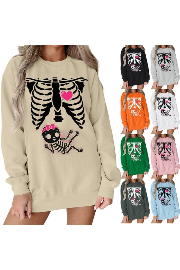 Halloween Outfits for Women Loose Fit X-Ray Skeleton Printed Maternity Sweatshirts Pregnancy Announcement Tops Oversized Shirts Womens Sweaters Fall Fashion Clothing Grey, XXL