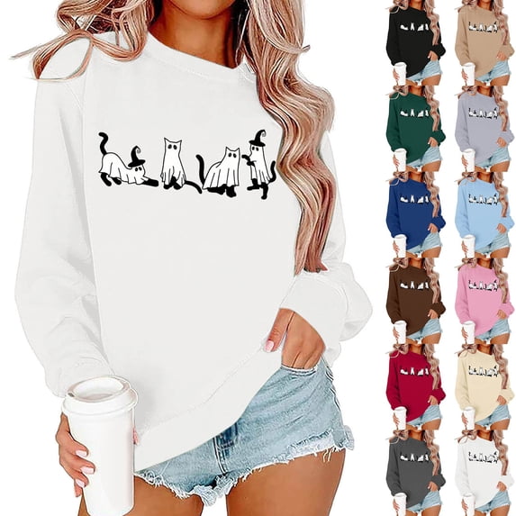 WEIWEN Halloween Sweaters for Women Funny Ghost Cats Posing Pet Lovers Crewneck Sweatshirts Dressy Casual Long Sleeve Shirts Womens Fall Fashion Clothing Coffee, S