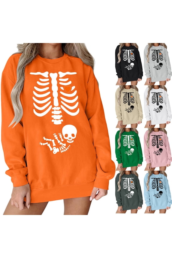 Halloween Sweatshirt for Women 2026 Trendy X-Ray Skeleton Printed Maternity Sweaters Pregnancy Announcement Tops Oversized Outfits Womens Fall Fashion Clothing Black, L