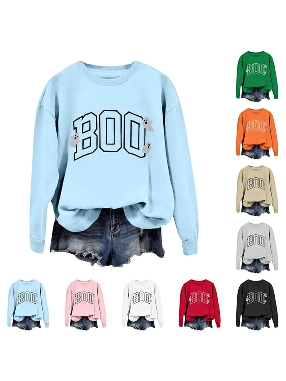 Halloween Sweatshirt for Women Cute BOO Graphic Shirts Crewneck Embroidered Ghost Pullover Fall Sweaters for Women Outfits Tops Women's Clothing Green, L