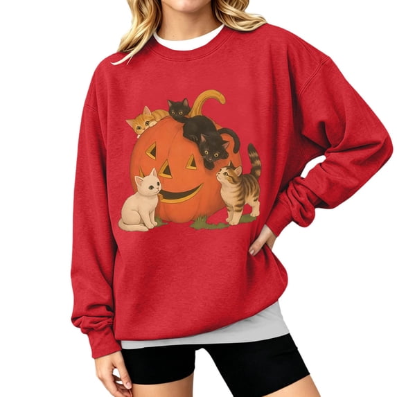 WEIWEN Halloween Sweatshirt for Women Cute Cat Pumpkin Face Graphic Crewneck Long Sleeve Fall Outfits for Women Going Out Tops Casual Spooky Season Sweaters Women's Clothing M