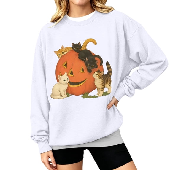 WEIWEN Halloween Sweatshirt for Women Cute Cat Pumpkin Face Graphic Crewneck Long Sleeve Fall Outfits for Women Going Out Tops Casual Spooky Season Sweaters Women's Clothing XXL