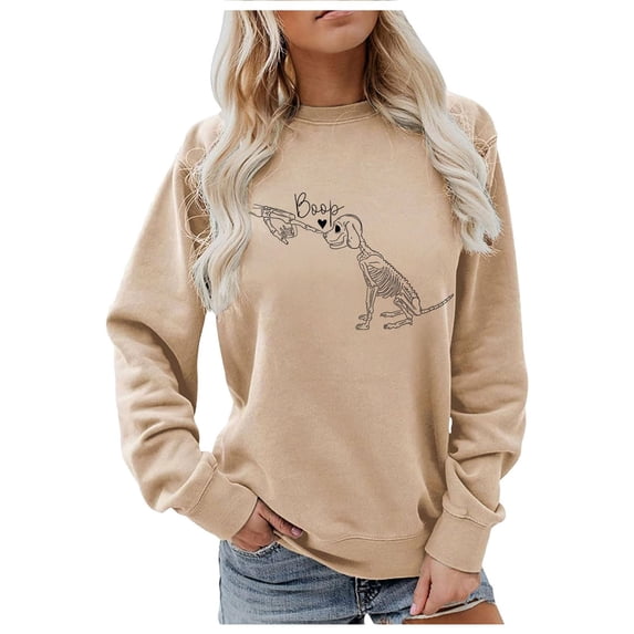 WEIWEN Halloween Sweatshirt for Women Cute Skeleton Hand Boop Dog Print Long Sleeve Fall Outfits for Women Spooky Season Fashion Clothing Womens Tops Sweaters S