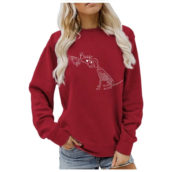 WEIWEN Halloween Sweatshirt for Women Cute Skeleton Hand Boop Dog Print Long Sleeve Fall Outfits for Women Spooky Season Fashion Clothing Womens Tops Sweaters XL